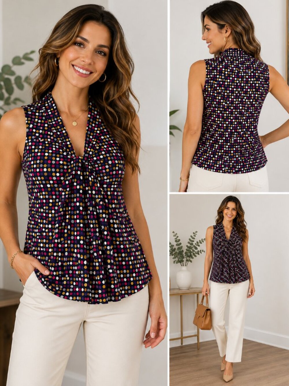 Black Label by Evan-Picone Polka Dot Tie Front Sleeveless Blouse M